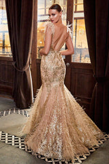 Embellished Evening Gown With Feathers
