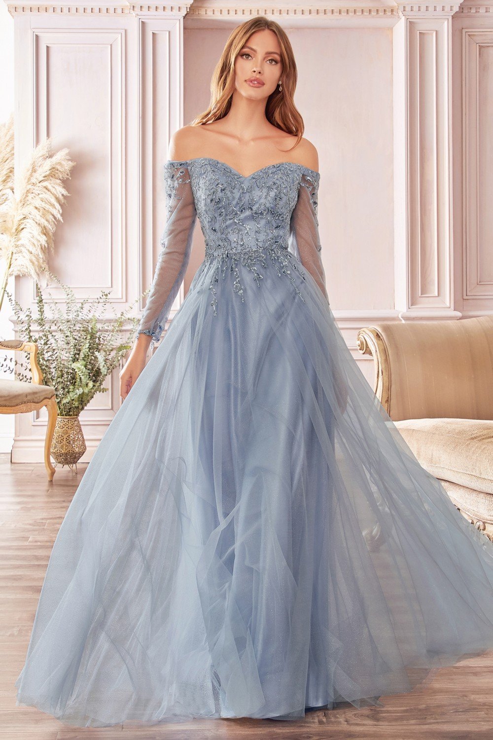 Off Shoulder Long Sleeve Gown L Smoky Blue