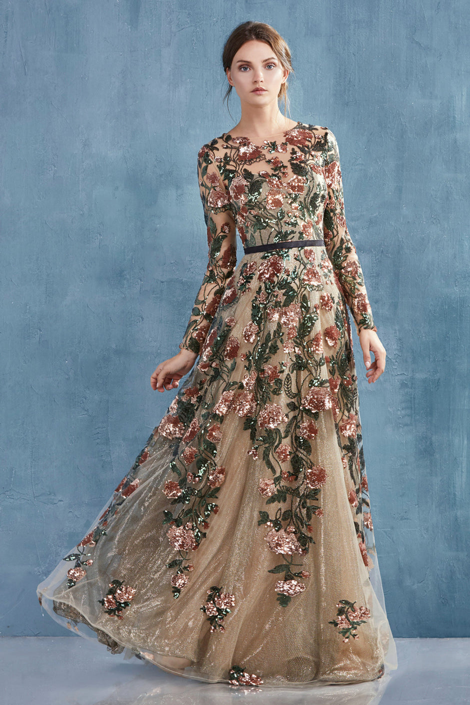 Copper Floral Sequin long sleeve gown Copper - Main Image
