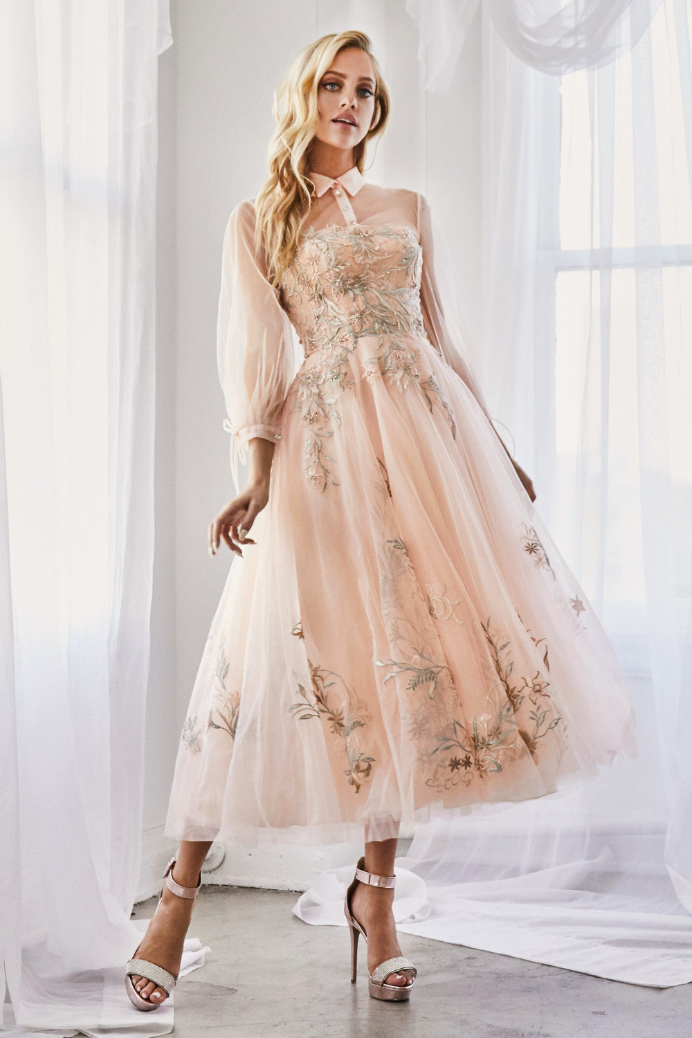 Andrea Leo - Duchesa High Collared Neck with Button Detailed Evening Dress Style #A0862 Moonlight-Blue / 8 Andrea Leo - Duchesa High Collared Neck with Button Detailed Evening Dress Style #A0862 Moonlight-Blue / 8