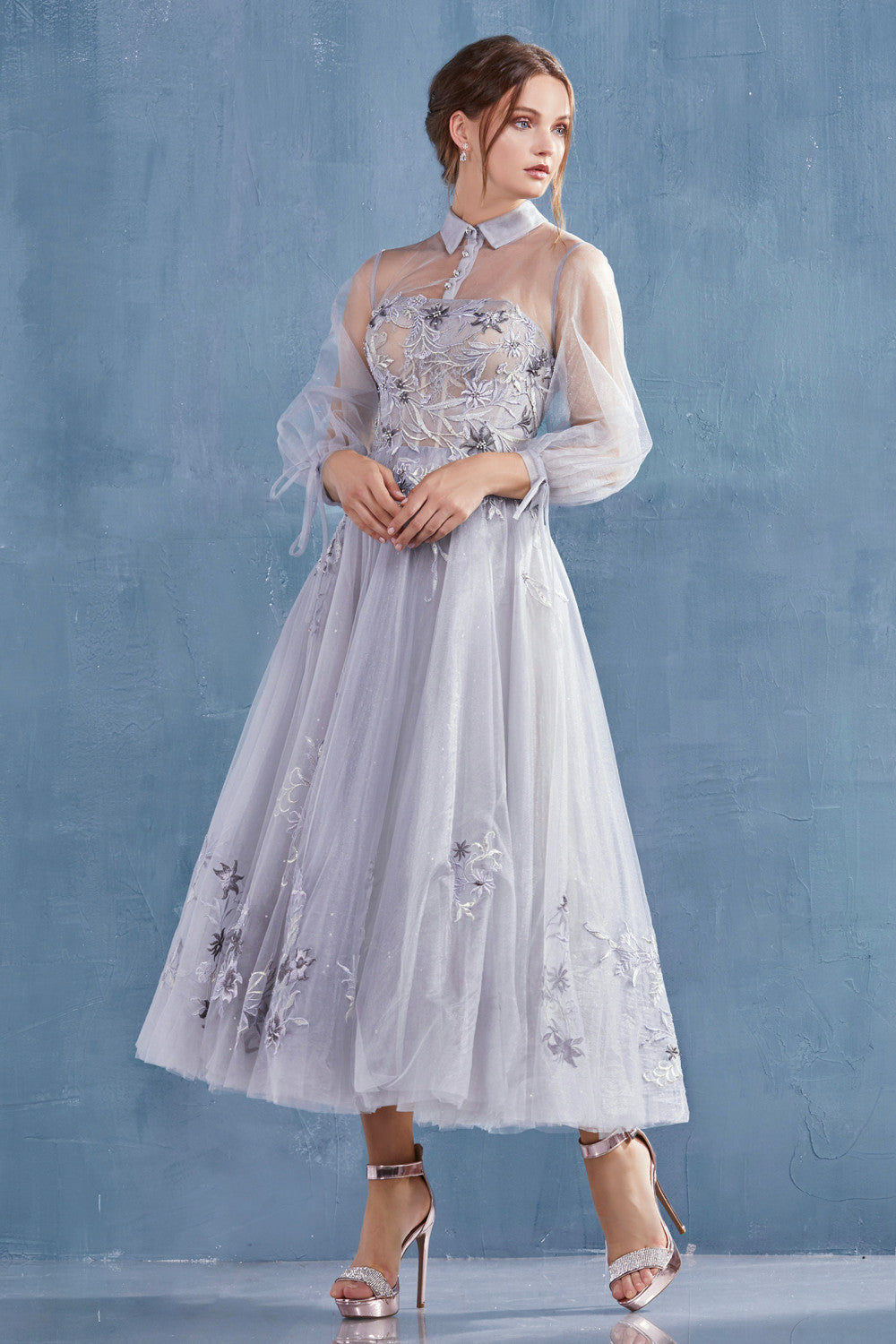 Andrea Leo - Duchesa High Collared Neck with Button Detailed Evening Dress Style #A0862 Moonlight-Blue / 8 Andrea Leo - Duchesa High Collared Neck with Button Detailed Evening Dress Style #A0862 Moonlight-Blue / 8