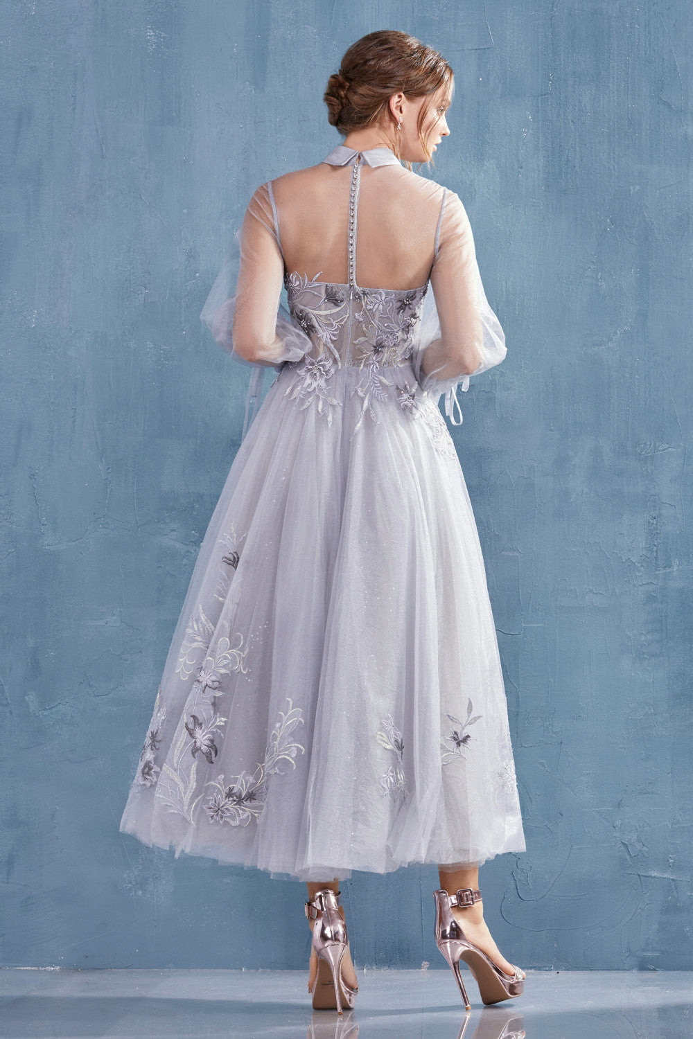 Andrea Leo - Duchesa High Collared Neck with Button Detailed Evening Dress Style #A0862 Moonlight-Blue / 8 Andrea Leo - Duchesa High Collared Neck with Button Detailed Evening Dress Style #A0862 Moonlight-Blue / 8