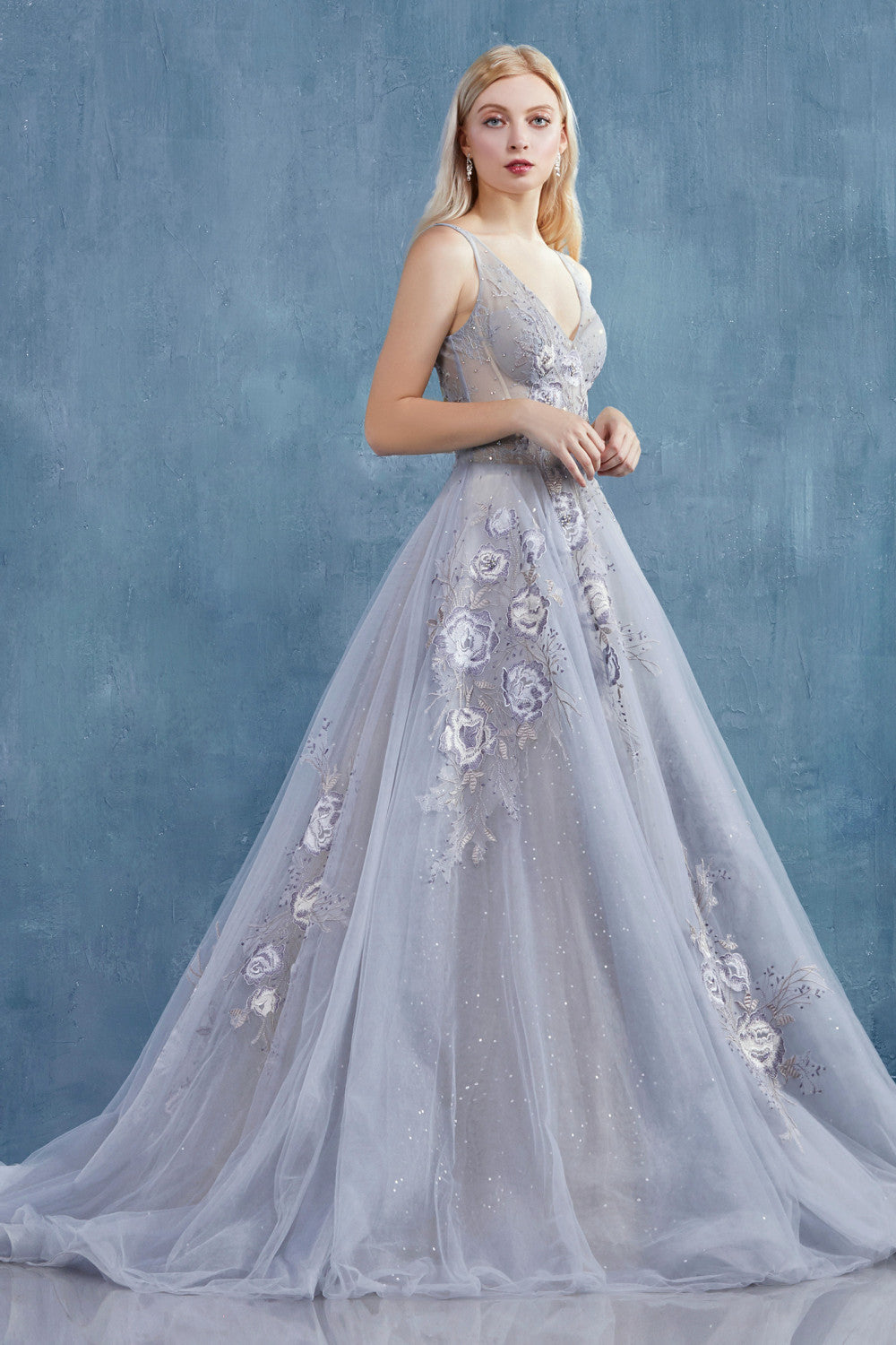 Paris Blue Lace And Embroidered Ball Gown