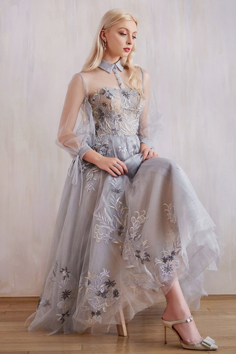 Andrea Leo - Duchesa High Collared Neck with Button Detailed Evening Dress Style #A0862 Moonlight-Blue / 8 Andrea Leo - Duchesa High Collared Neck with Button Detailed Evening Dress Style #A0862 Moonlight-Blue / 8