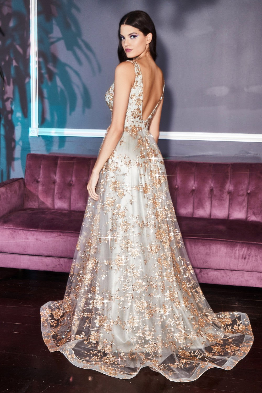 Floral and Vine Embellished Gold Leaf Gown