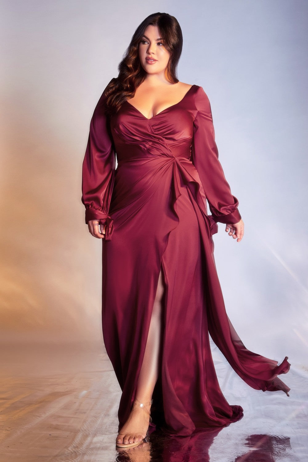 Long Sleeve Satin Wrap Dress Plus Size