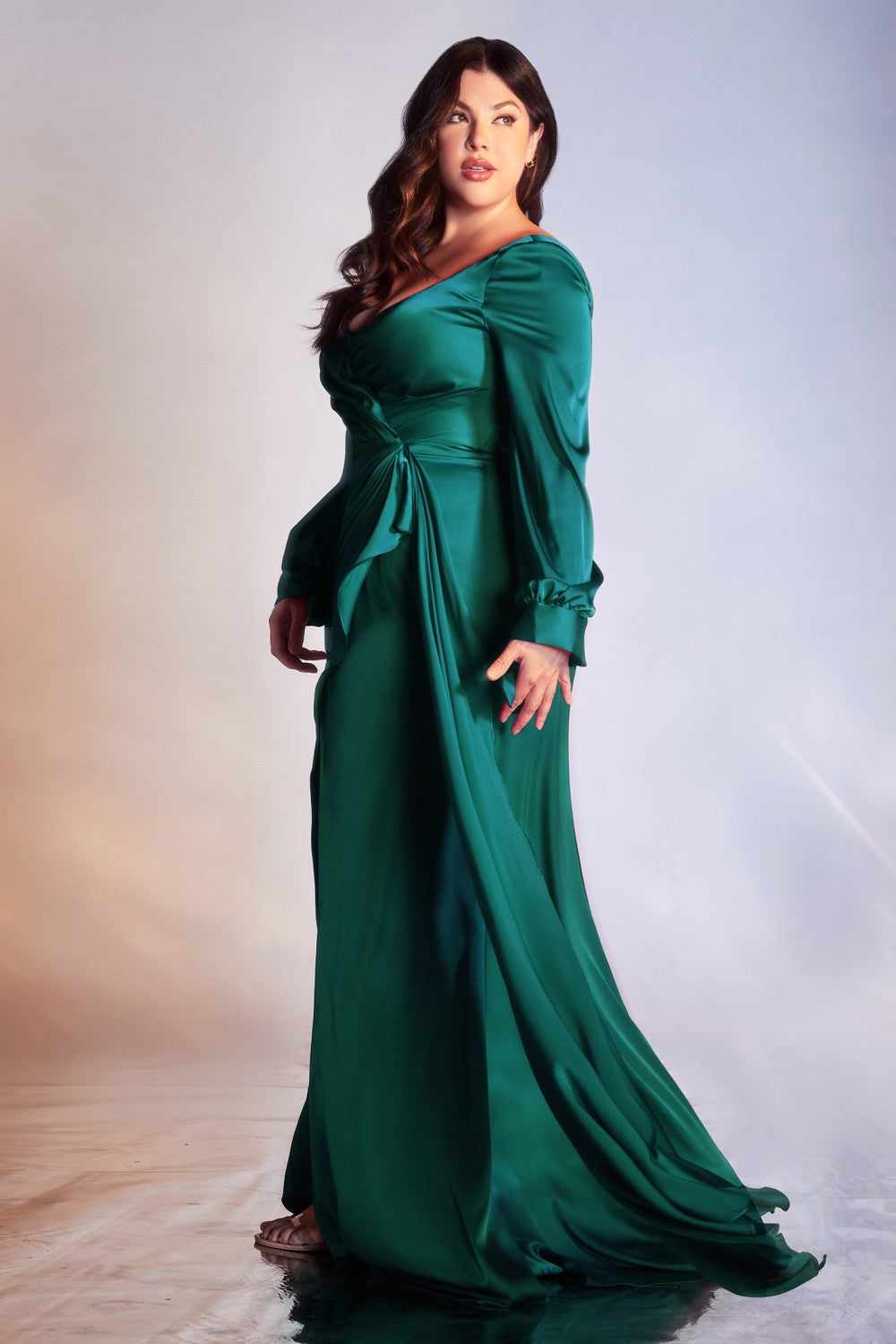 Long Sleeve Satin Wrap Dress Plus Size - 18 / Emerald Long Sleeve Satin Wrap Dress Plus Size - 18 / Emerald