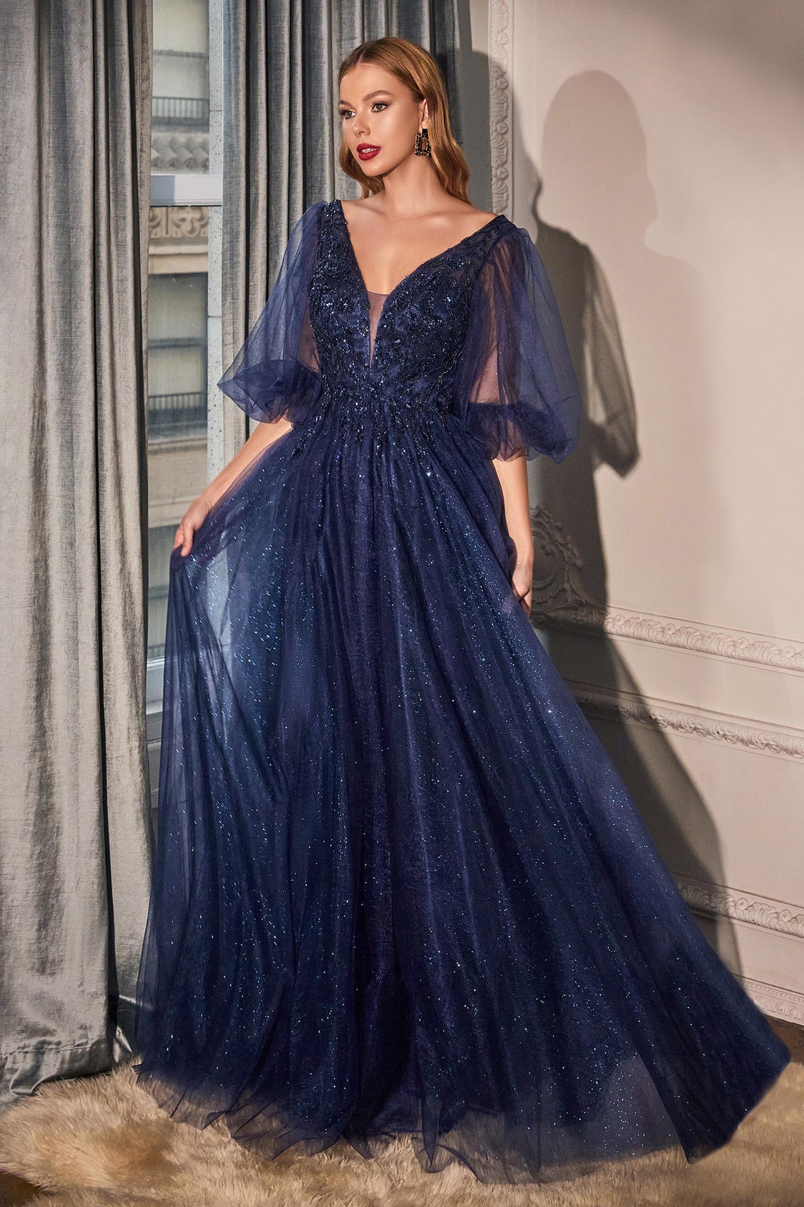 Layered Glitter Tulle A Line Gown - S / Navy Layered Glitter Tulle A Line Gown - S / Navy
