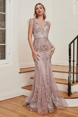 Embellished Evening Gown With Feathers