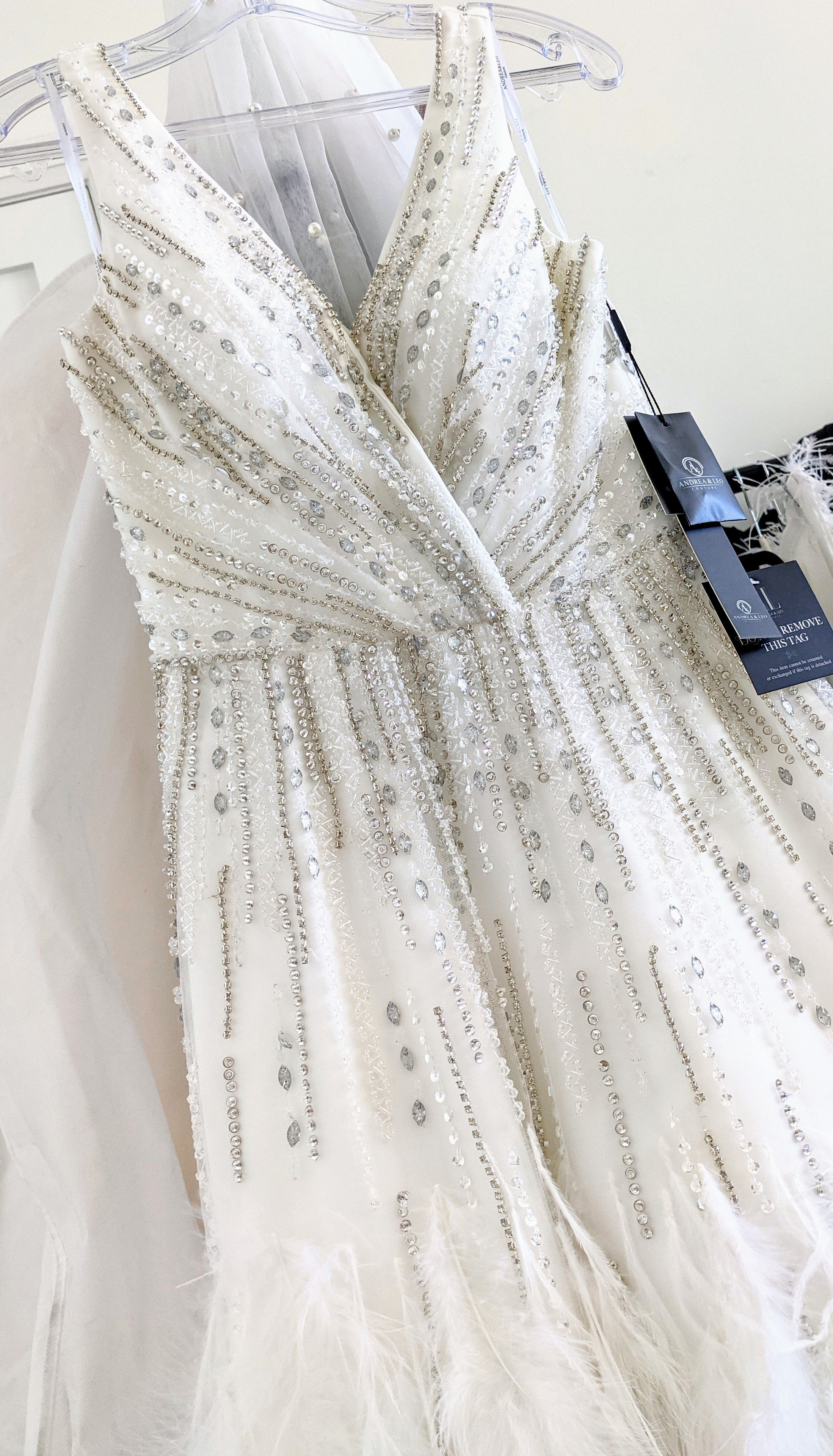 Sequin Short Prom Dress with Feather Hem White / 14 Sequin Short Prom Dress with Feather Hem White / 14