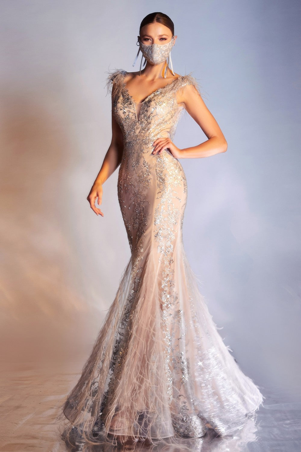 Embellished Evening Gown With Feathers - 2 / Silver Embellished Evening Gown With Feathers - 2 / Silver