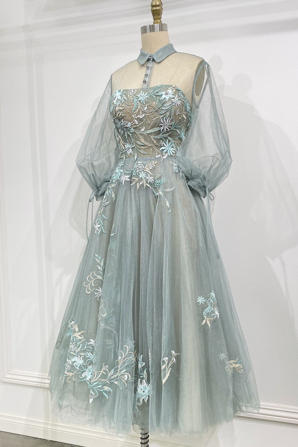 Andrea Leo - Duchesa High Collared Neck with Button Detailed Evening Dress Style #A0862 Moonlight-Blue / 8 Andrea Leo - Duchesa High Collared Neck with Button Detailed Evening Dress Style #A0862 Moonlight-Blue / 8