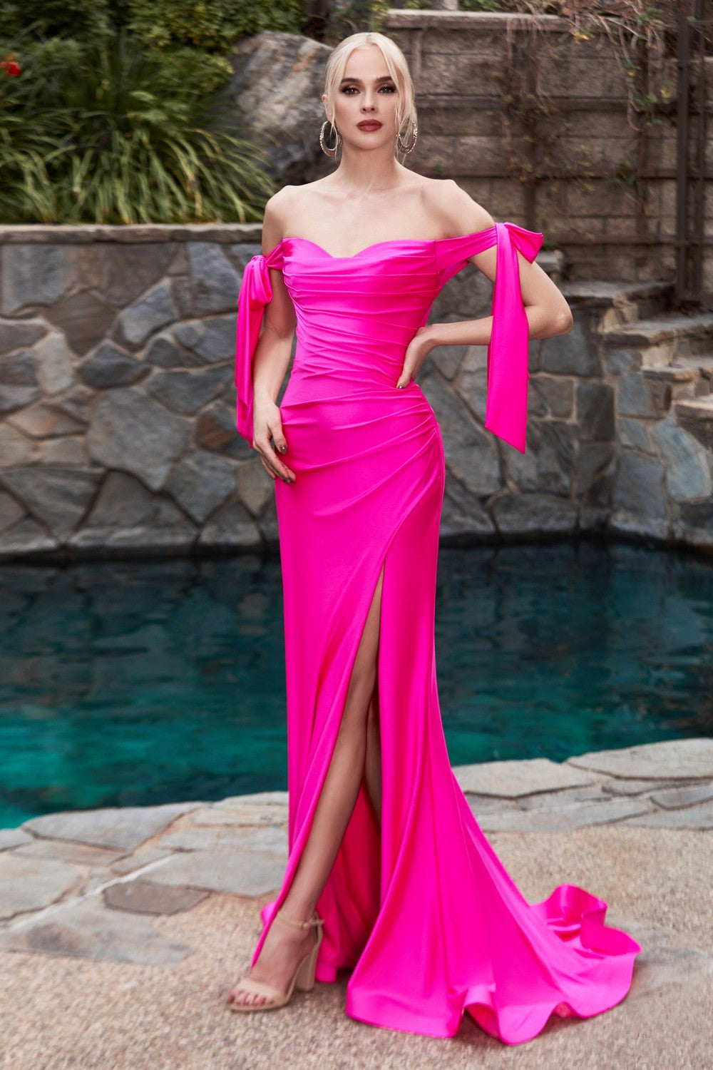 bow satin off shoulder dress White Satin Off-the-Shoulder Bow A-Line Wedding Dress with Slit, Diamond White / 6
